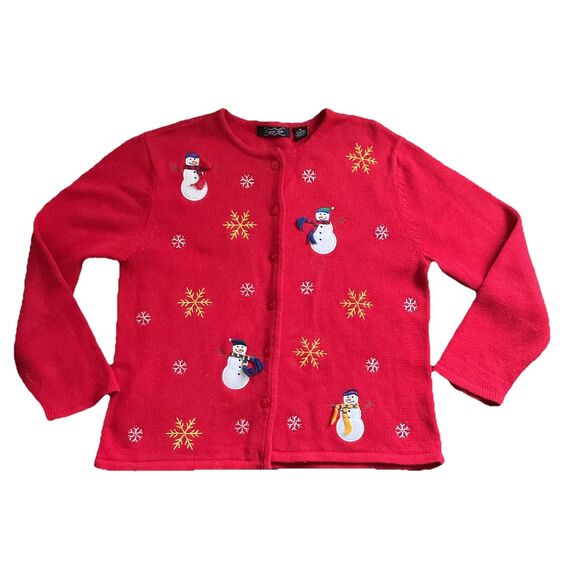 Crystal-Kobe Women's Red Christmas Cardigan Sweater Snowmen Design Size Medium - Picture 1 of 6